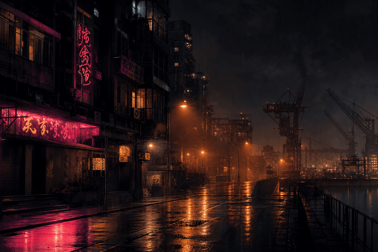 Chrome Harbor at night: a rain-soaked waterfront street under sodium light