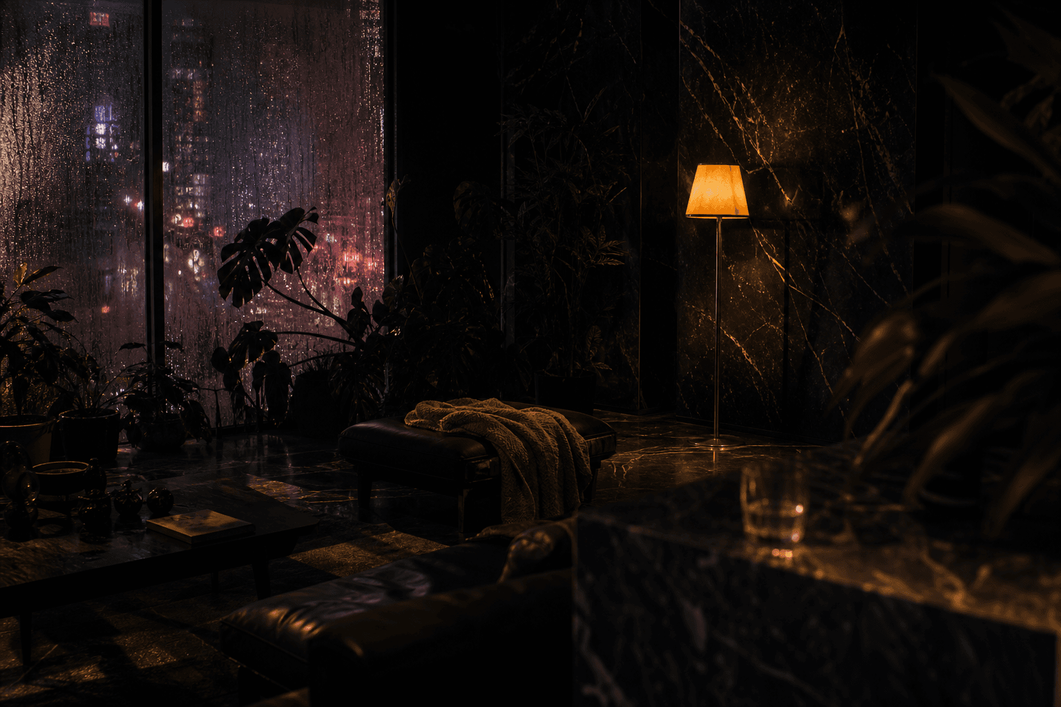 A dark apartment interior: black marble, plants in shadow, rain running down a full-height window, one warm lamp