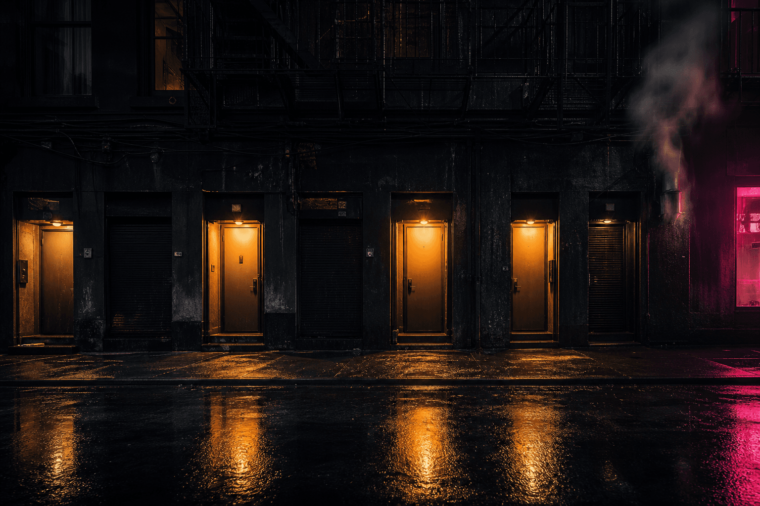 A row of doors on a wet street at night: three glowing warm amber, three dark and shuttered